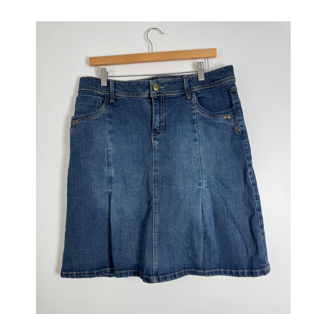 Boho Natural Reflections Womens 12 Denim Skirt Blue Embroidered Knee Length